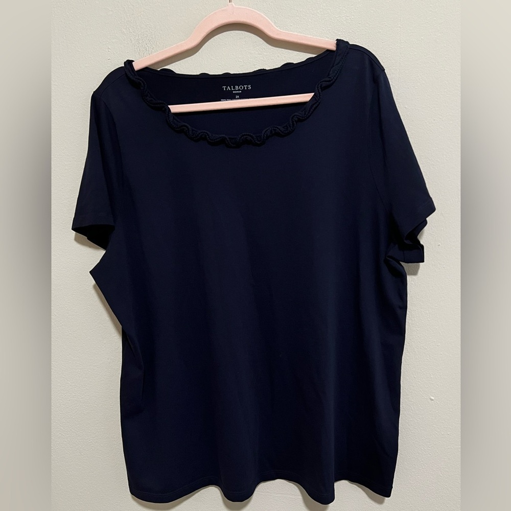 Talbots 2X Blue Stretch Weekend Ruffle Neck Short Sleeve - Picture 5 of 5